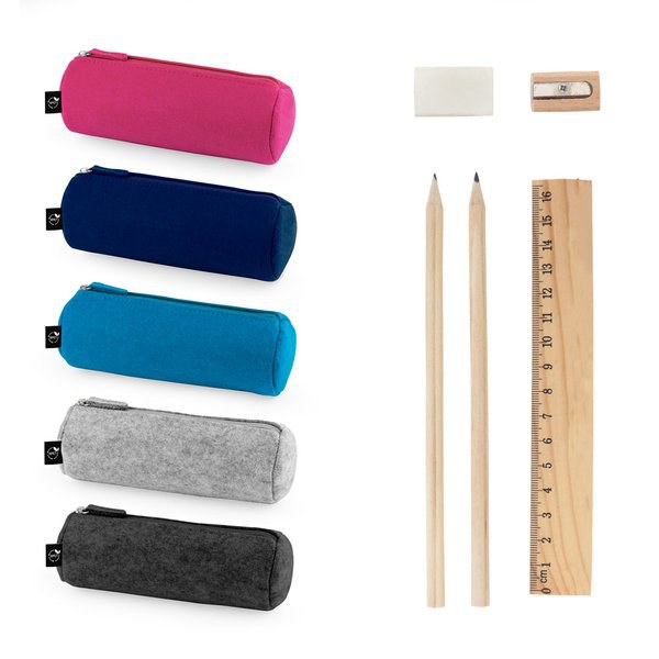 Trousse multi-usages en feutre recyclé (100% rPET) avec règle, crayons, gomme et taille-crayon - Egotier 11196