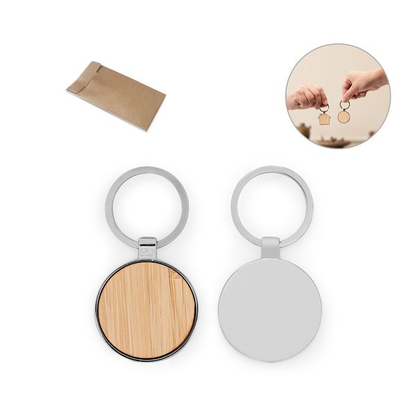 Round iron keychain in zinc and bamboo