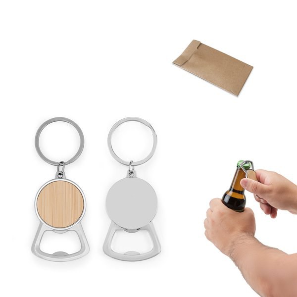 Iron keychain with a round shape in zinc and bamboo