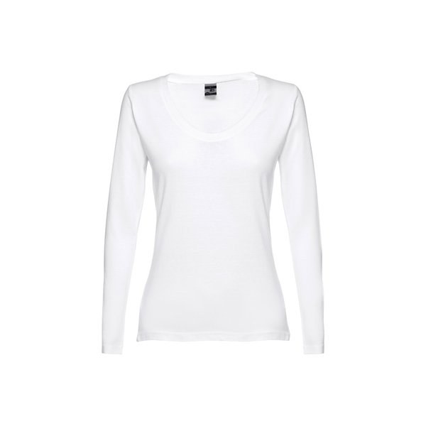 Long-sleeved scoop neck fitted T-shirt for women. 100% carded cotton. White