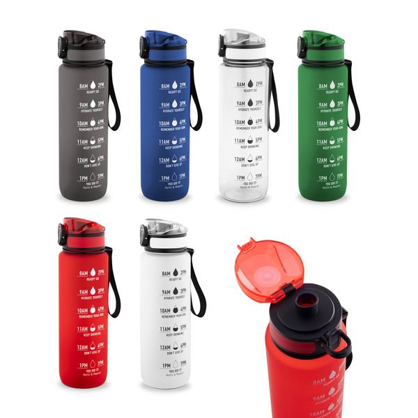 Bouteille en PET recyclé (100 % rPET), avec des phrases motivantes et des repères horaires pour vous encourager à boire de l’eau