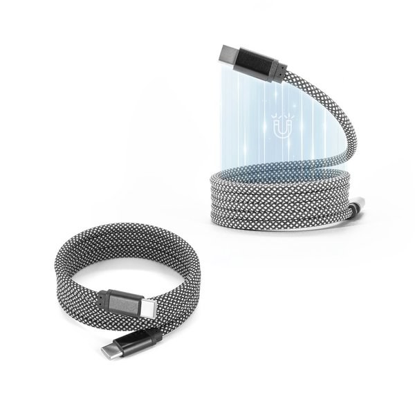 Câble USB-C vers USB-C avec gaine tressée en polyester (60 W) et système magnétique pour un enroulement facile